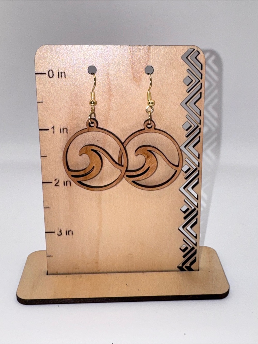 Laser cut Cherry wood Wave Circle Dangle Earrings — Natural Brown